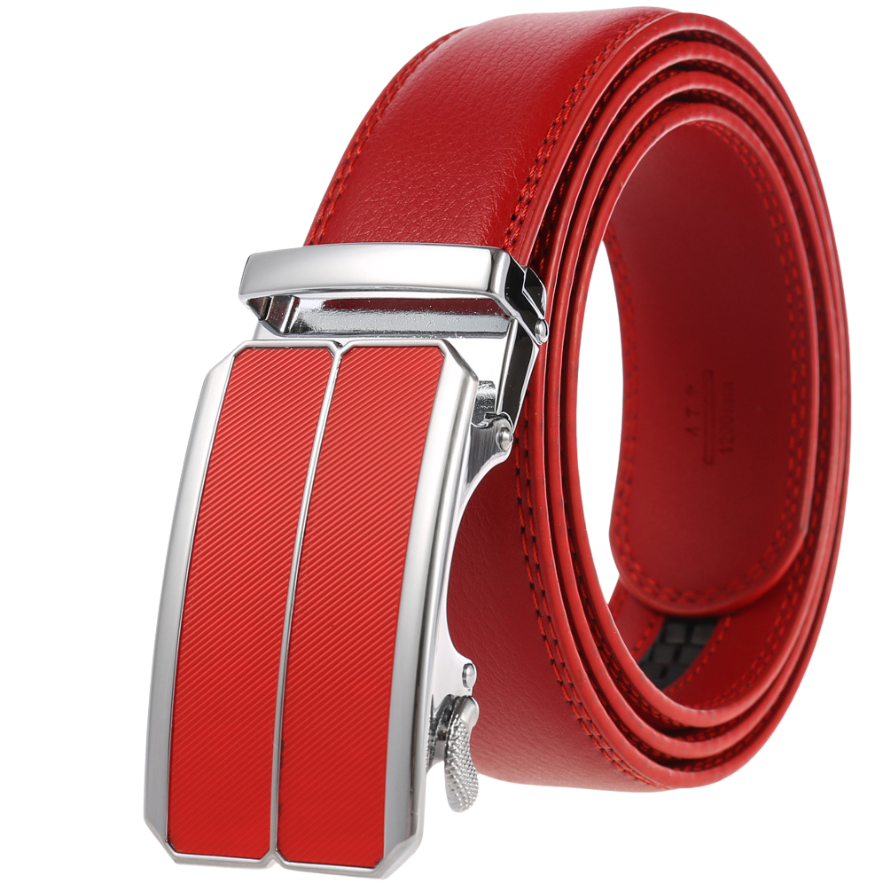 Ceinture homme Éloi 1 rouge en cuir refendu avec boucle automatique rectangulaire argentée et détails texturés rouges.