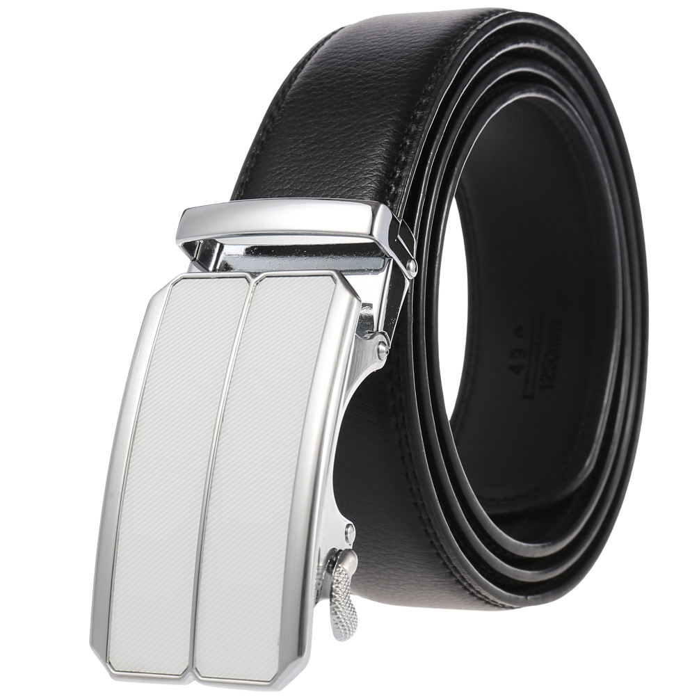 Ceinture homme Éloi 1 en cuir noir avec boucle automatique rectangulaire argentée et détails texturés, idéale pour un style élégant et moderne.
