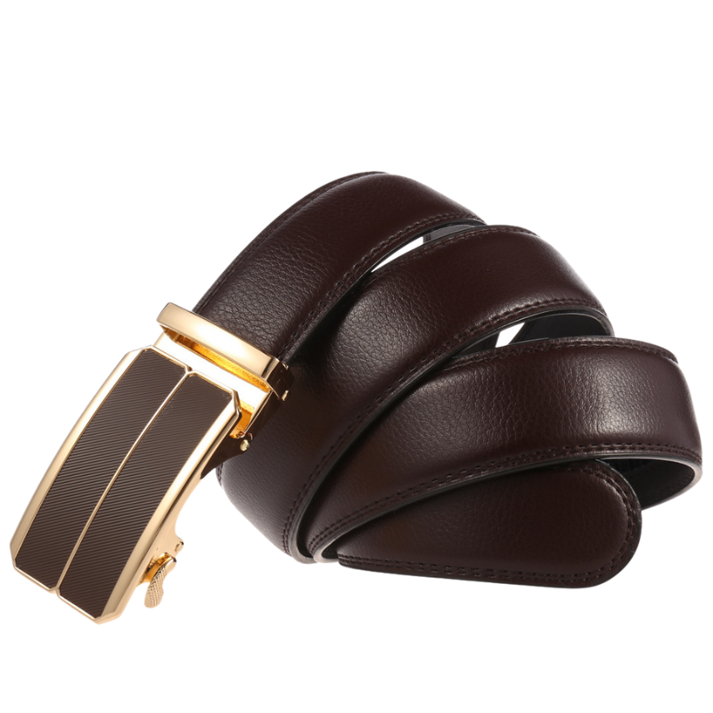 Ceinture homme Éloi 1 en cuir refendu marron avec boucle automatique rectangulaire dorée et détails texturés.