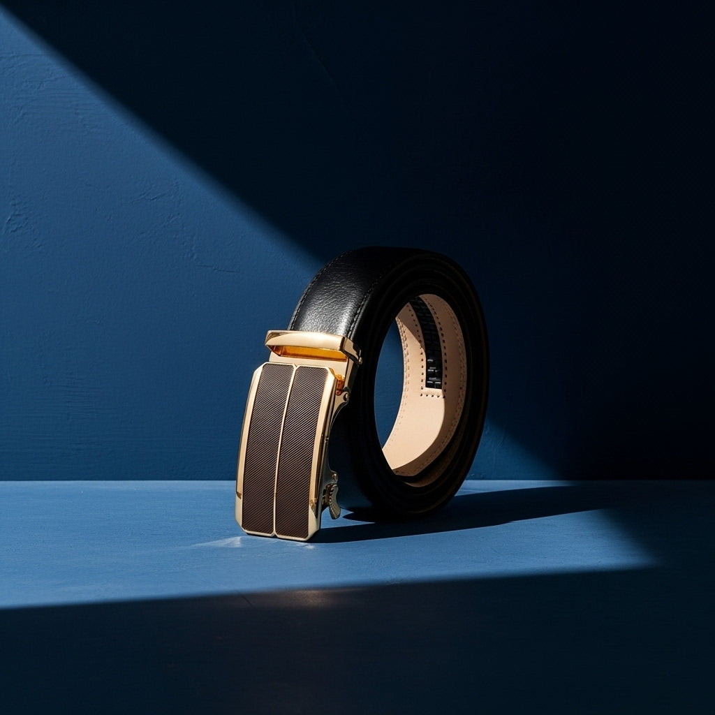 Ceinture homme Éloi 2 en cuir noir avec boucle automatique rectangulaire dorée texturée, sur fond bleu #fullwidth