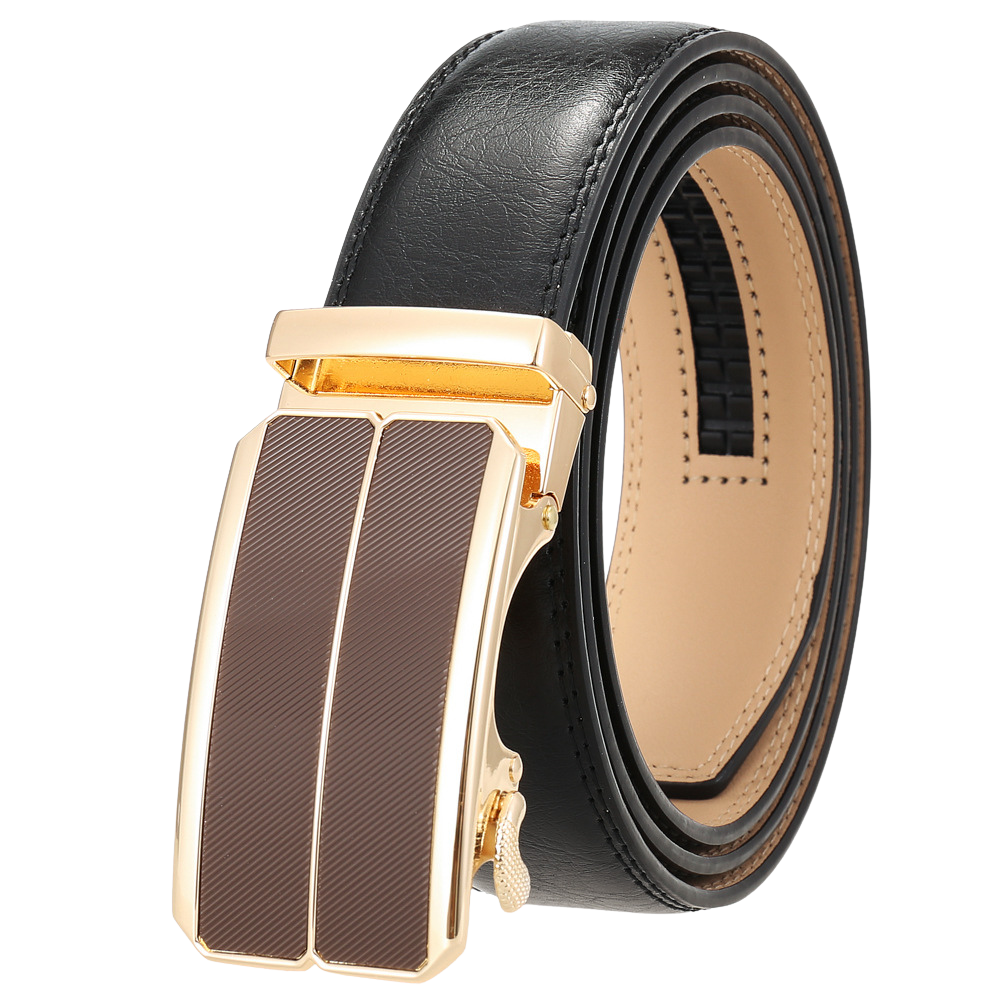 Ceinture pour homme Éloi 2 en cuir noir avec boucle automatique dorée et détail marron strié
