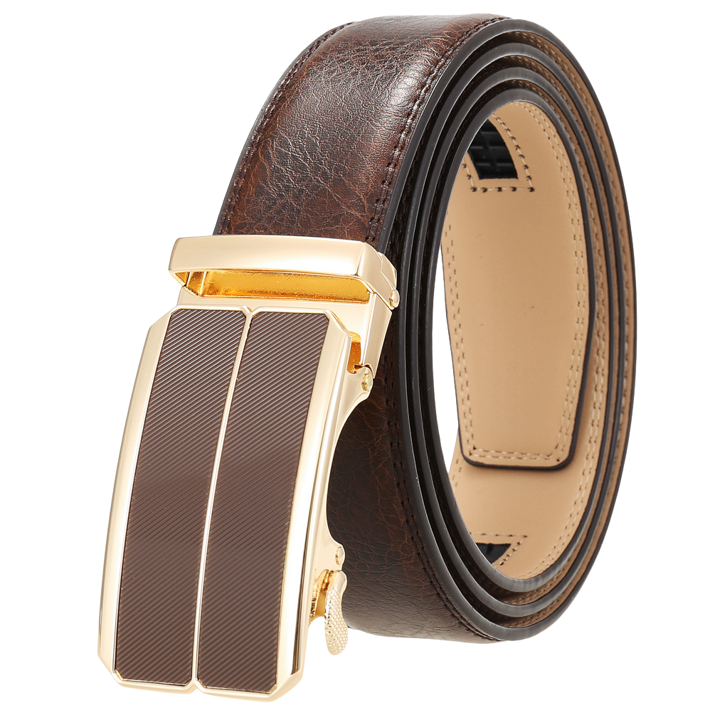 Ceinture homme Éloi 2 en cuir marron foncé avec boucle automatique dorée et détail strié marron. #fullwidth
