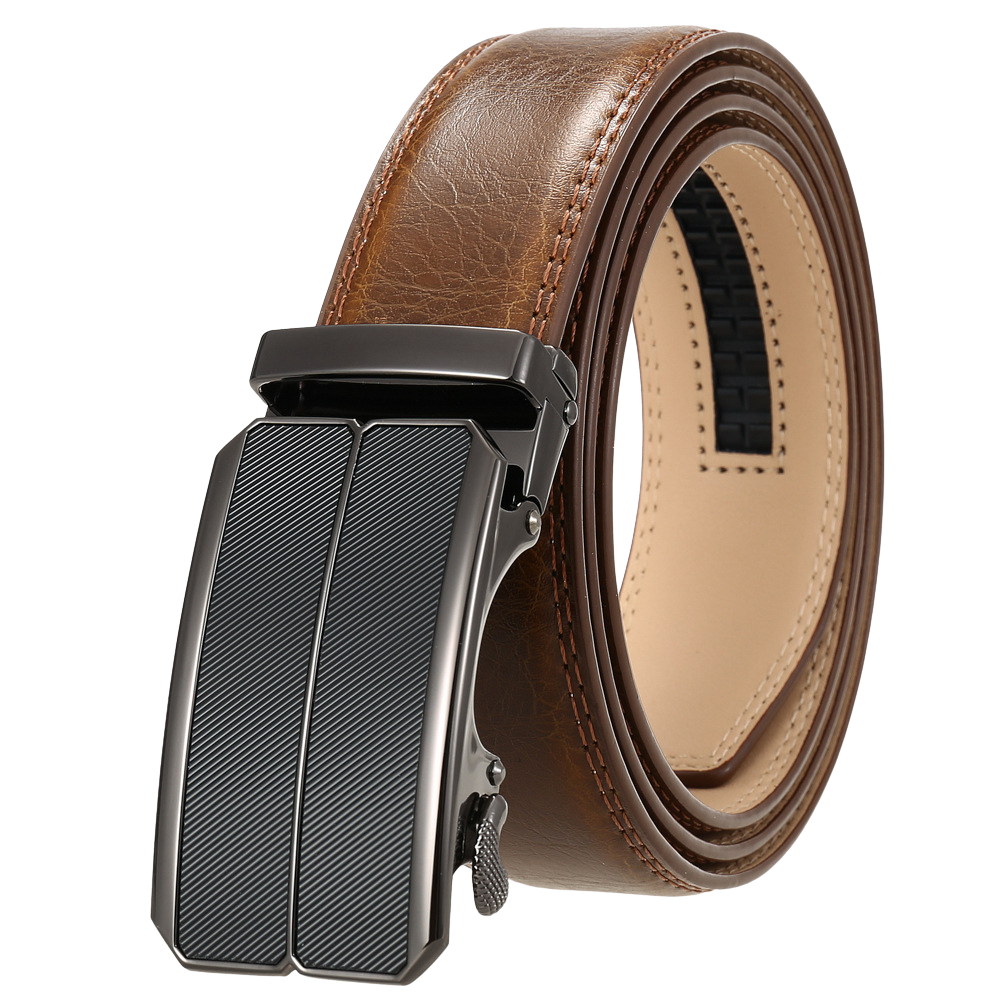 Ceinture Éloi 2 homme en cuir marron avec boucle automatique rectangulaire grise et finition striée, style sobre et moderne.