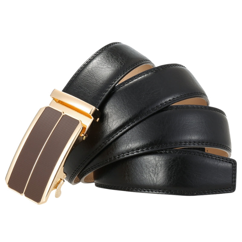 Ceinture noire Éloi 2 pour homme en cuir refendu avec boucle automatique rectangulaire dorée et détails marron