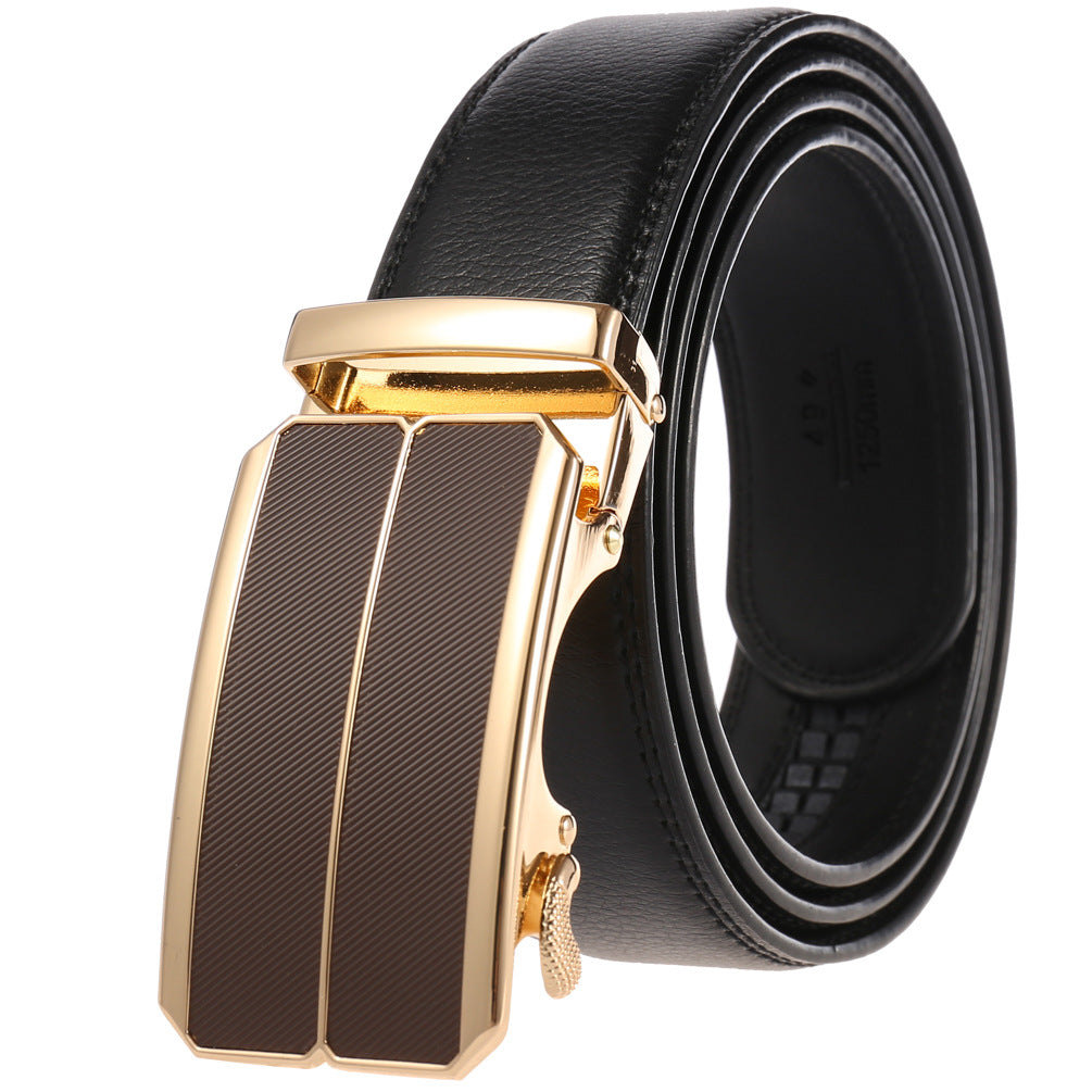 Ceinture pour homme Éloi 20 en cuir de vachette refendu noir avec boucle automatique rectangulaire dorée et inserts marron texturés