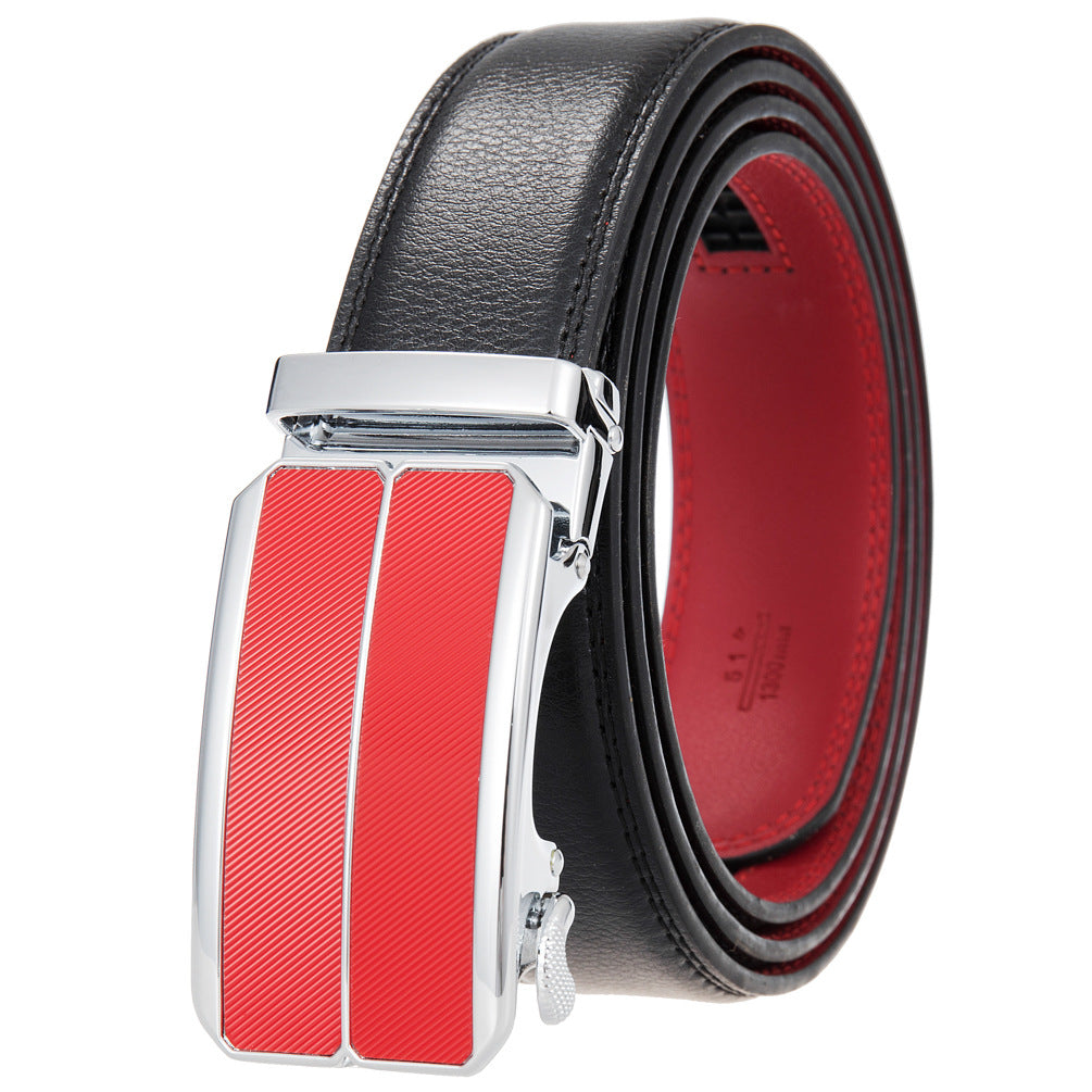 Ceinture pour homme Éloi 60 en cuir noir avec doublure rouge et boucle automatique argentée ornée de deux bandes rouges texturées