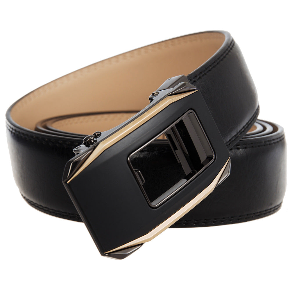 Ceinture pour homme Éloi Zen 60 en cuir noir avec boucle rectangulaire automatique ajourée noire et dorée.
