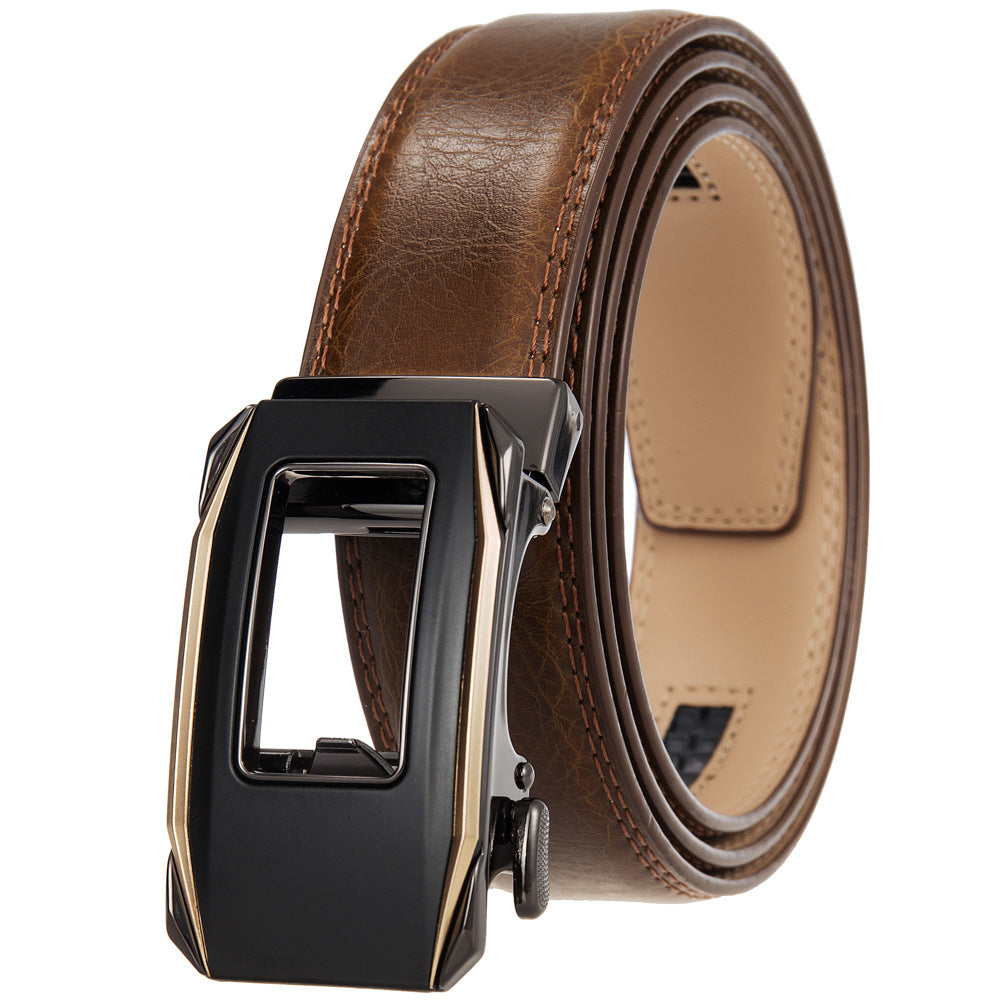 Ceinture Éloi Zen 60 pour homme en cuir marron avec boucle automatique rectangulaire noire et dorée.