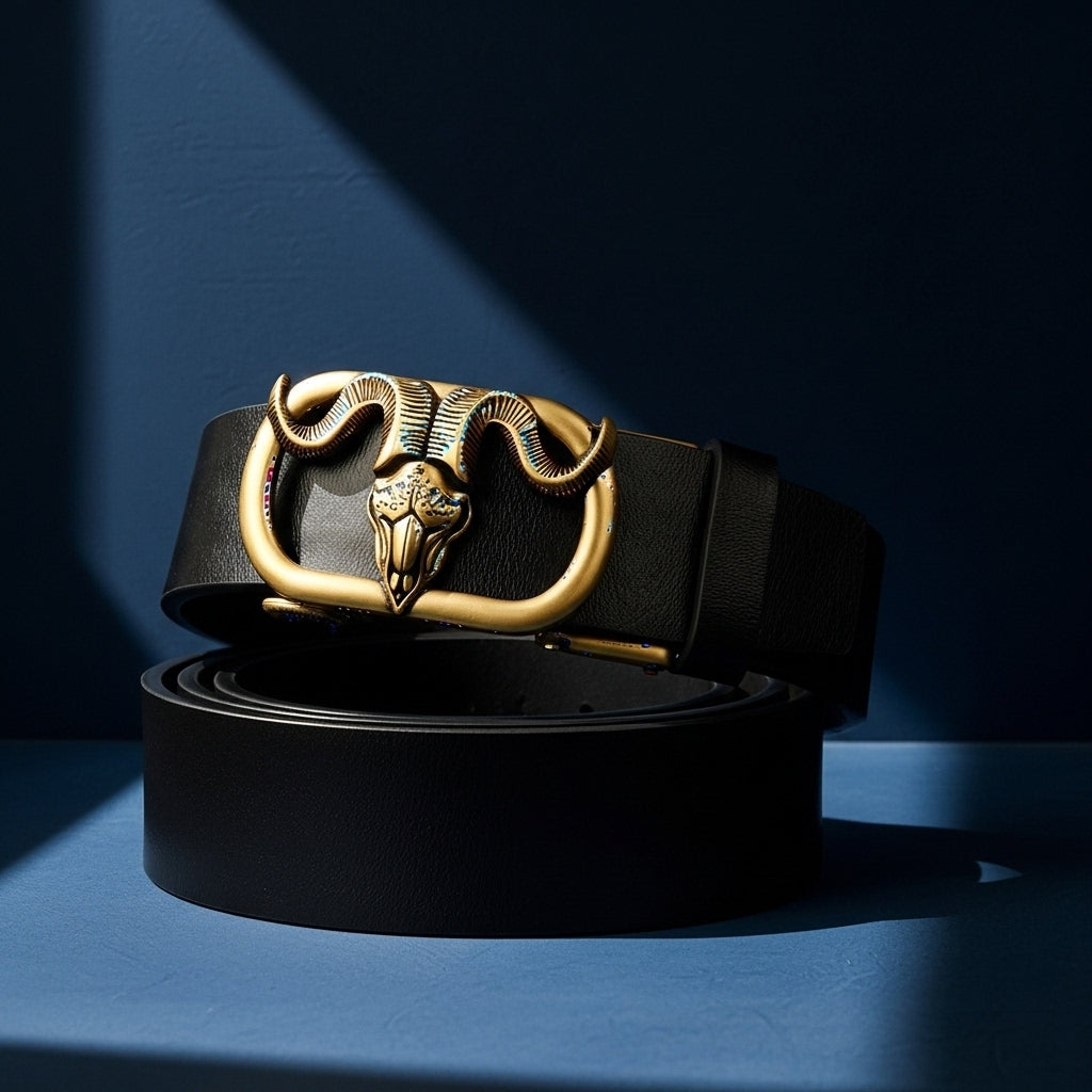 Ceinture homme Éloïs en cuir noir avec boucle automatique ovale dorée ornée d'une tête de bélier ajourée. #fullwidth