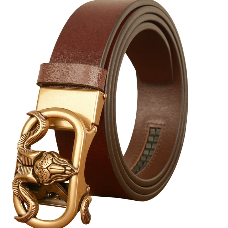 Ceinture marron en cuir de vachette pour homme, modèle Éloïs, avec boucle automatique dorée ornée d'une tête de bélier ajourée.