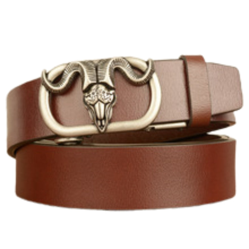 Ceinture homme Éloïs en cuir marron avec boucle argentée ornée d'une tête de bélier ajourée. Largeur 3,5 cm.