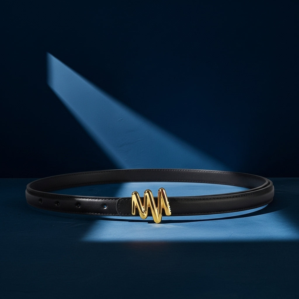Ceinture fine noire Éloïse en cuir de vachette avec boucle dorée originale en zigzag, idéale pour affiner la silhouette et rehausser une tenue. #fullwidth