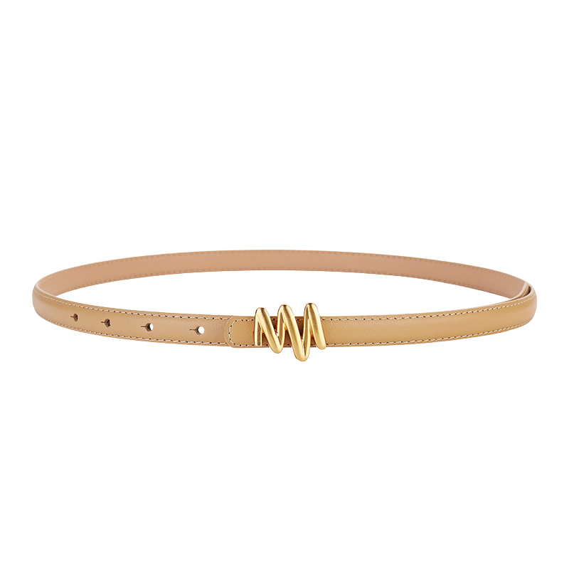 Ceinture fine beige pour femme Éloïse en cuir de vachette avec boucle dorée originale en zigzag