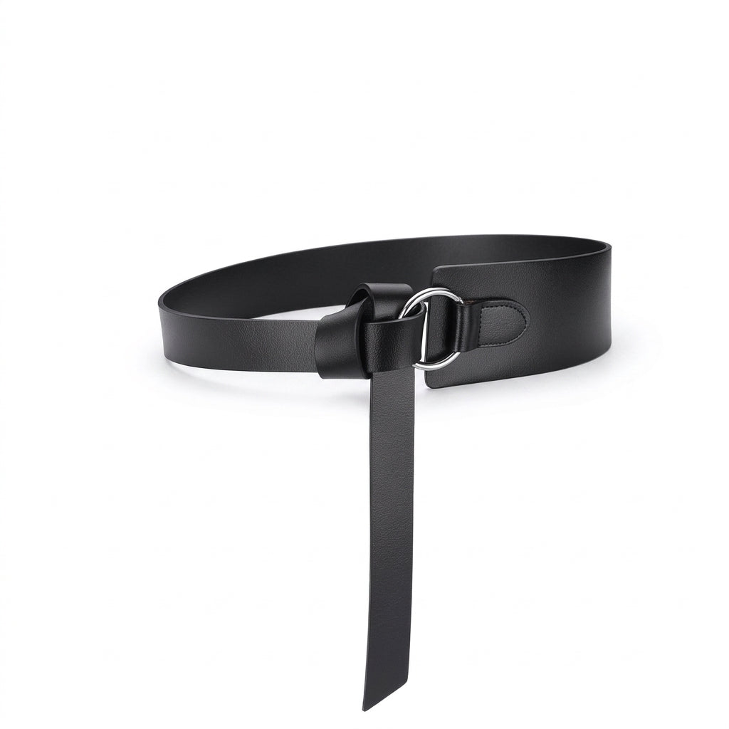 Ceinture serre-taille large Elvire en cuir de vachette noir avec anneau métallique argenté pour un nouage élégant