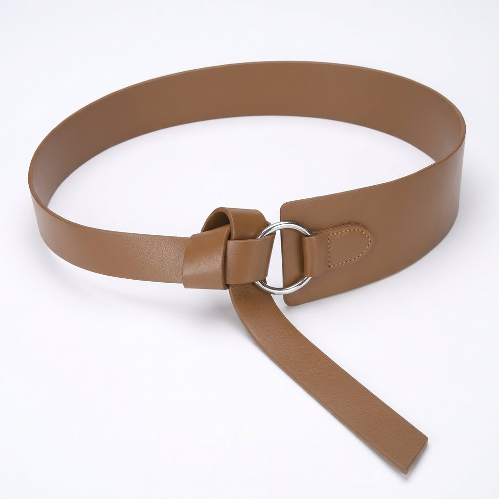 Ceinture serre-taille large Elvire en cuir de vachette marron lisse avec anneau métallique argenté pour un nouage élégant