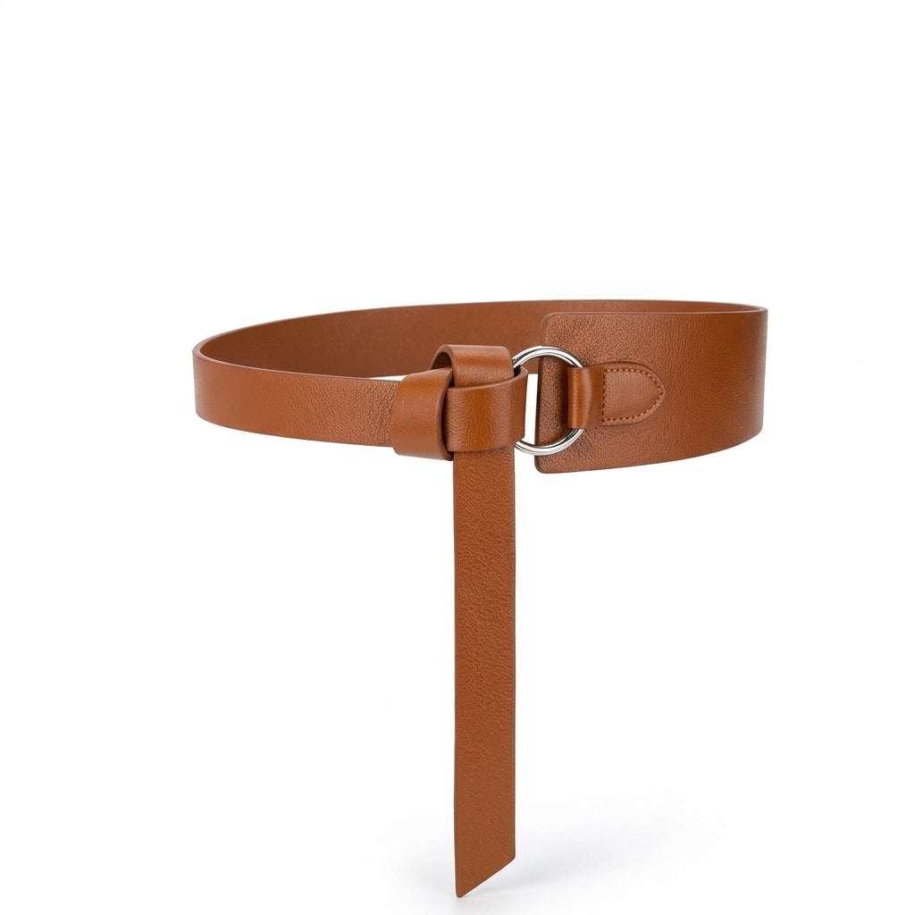 Ceinture serre-taille Elvire large en cuir de vachette marron avec système de fermeture à nouer et anneau métallique argenté