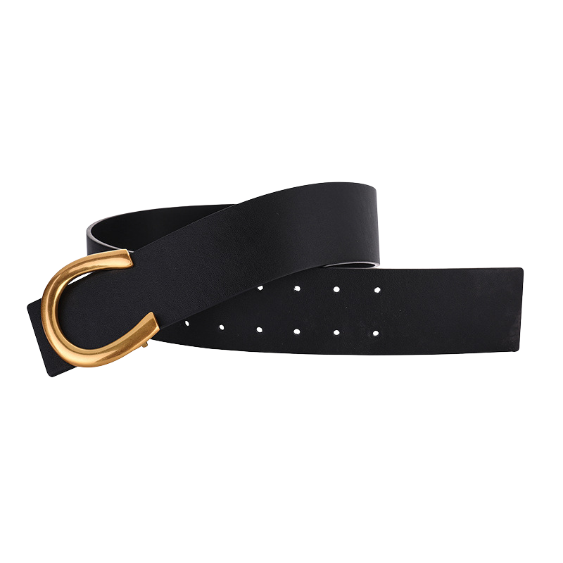 Ceinture Élyse noire en cuir refendu avec boucle dorée en forme de C.
