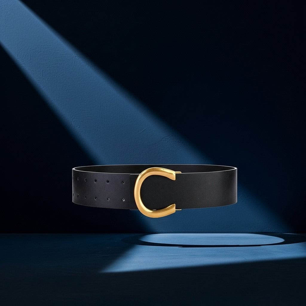 Ceinture Élyse noire en cuir avec une boucle dorée en forme de C #fullwidth
