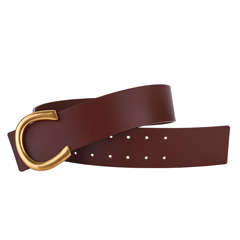 Ceinture femme Élyse en cuir marron avec boucle dorée en forme de C