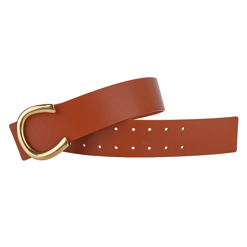 Ceinture femme Élyse en cuir refendu de vachette camel avec finition daim lisse et boucle décorative dorée en forme de C. Largeur 4,5 cm.