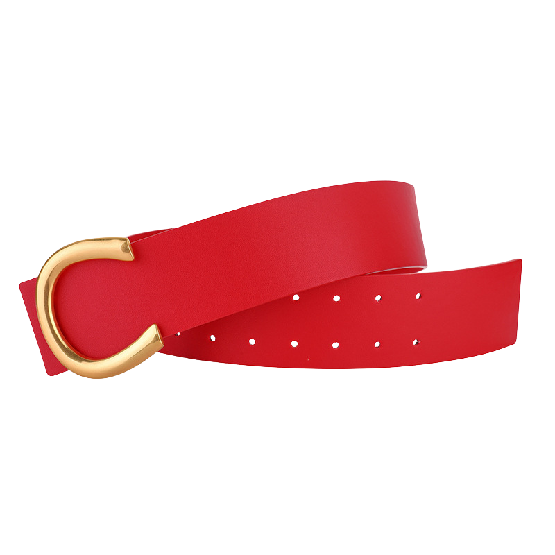 Ceinture Élyse rouge en cuir refendu avec boucle décorative dorée en forme de C