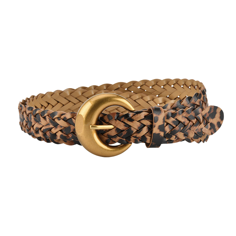 Ceinture fine tressée Émeraude avec motif léopard discret et boucle ardillon demi-lune dorée en alliage métallique