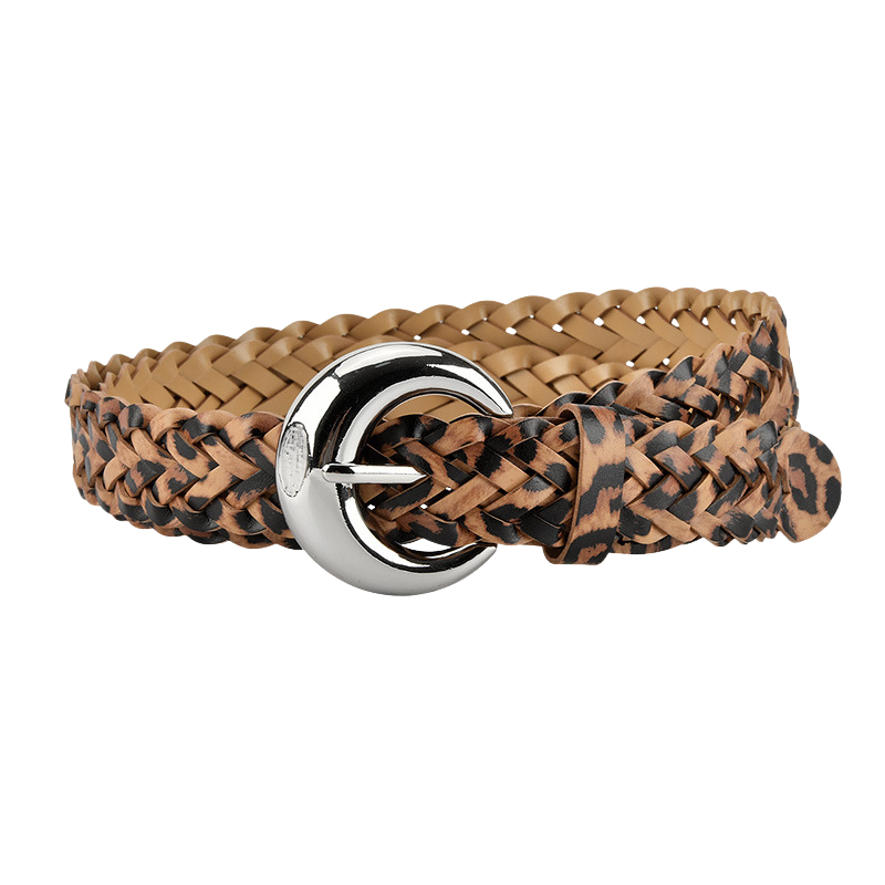 Ceinture femme Émeraude tressée avec motif léopard et boucle ardillon argentée demi-lune