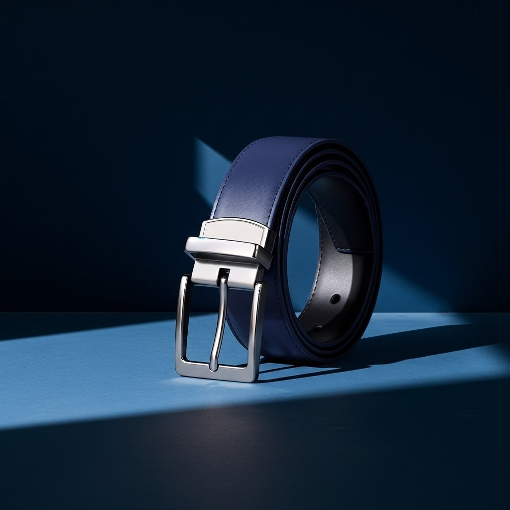 Ceinture Émeric 1 pour homme en cuir de vachette bleu marine lisse et uniforme, avec une boucle ardillon rectangulaire en alliage argenté. Accessoire réversible et ajustable, parfait pour un look formel ou casual. #fullwidth