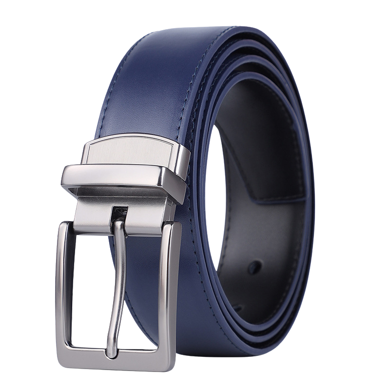 Ceinture Émeric 1 en cuir de vachette bleu marine avec boucle ardillon rectangulaire en alliage argenté, réversible.
