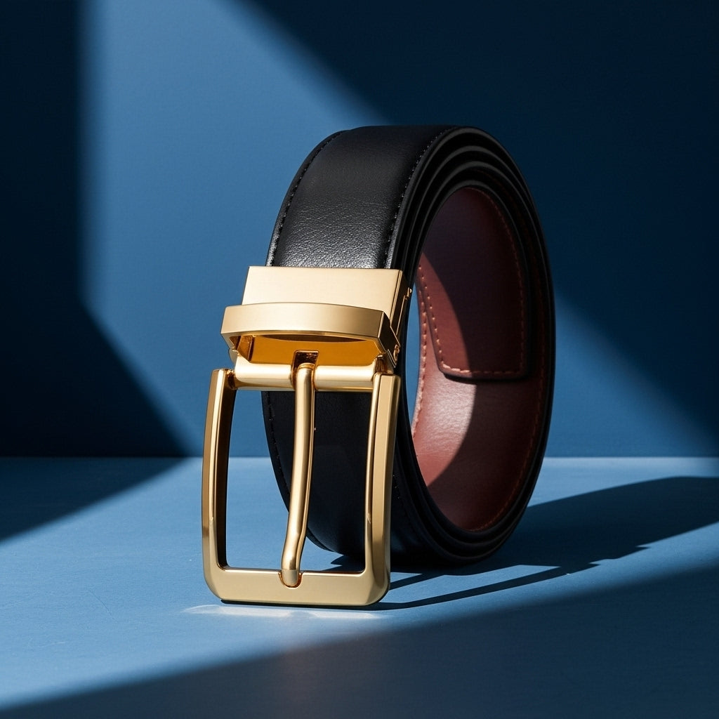 Ceinture Émeric 2 pour homme, en cuir de vachette lisse noir et marron, avec boucle ardillon rectangulaire dorée réversible #fullwidth