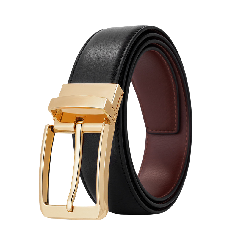 Ceinture Émeric 2 homme en cuir de vachette noir réversible avec boucle ardillon rectangulaire dorée