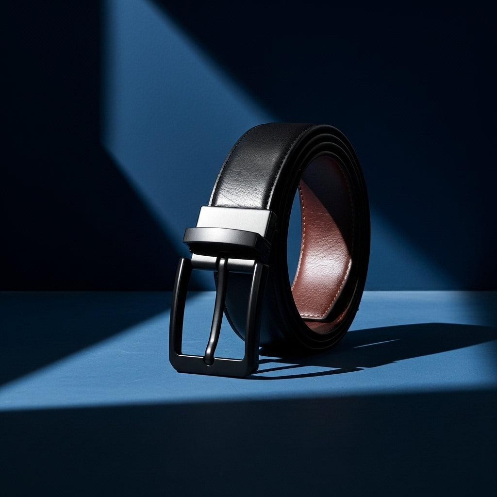 Ceinture réversible Émeric 3 pour homme en cuir de vachette noir avec une boucle ardillon rectangulaire en alliage noir et une doublure marron. #fullwidth