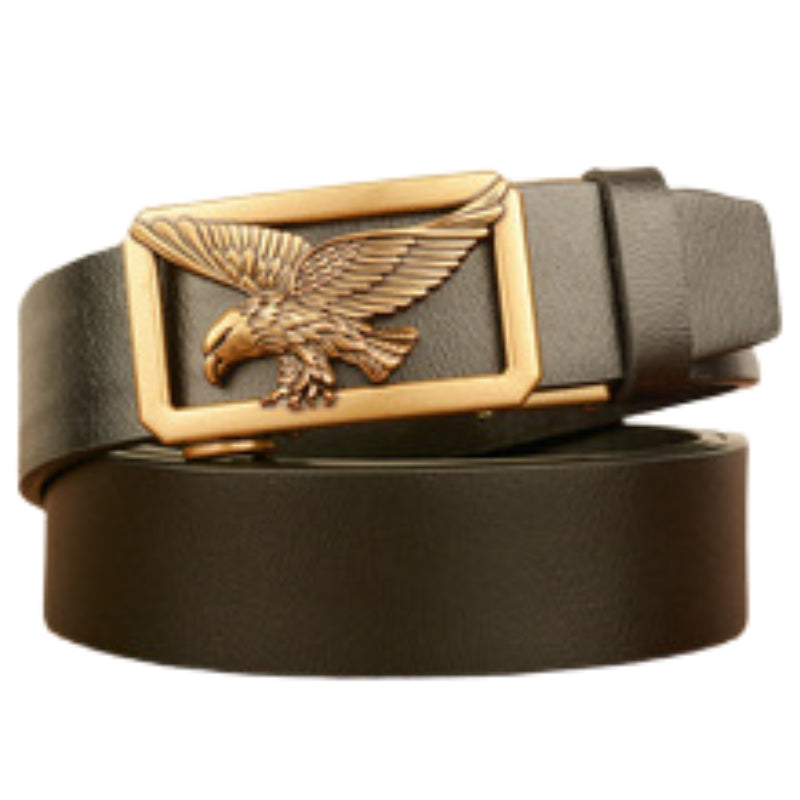 Ceinture homme Émeric en cuir noir avec boucle automatique rectangulaire dorée ornée d'un aigle en relief.