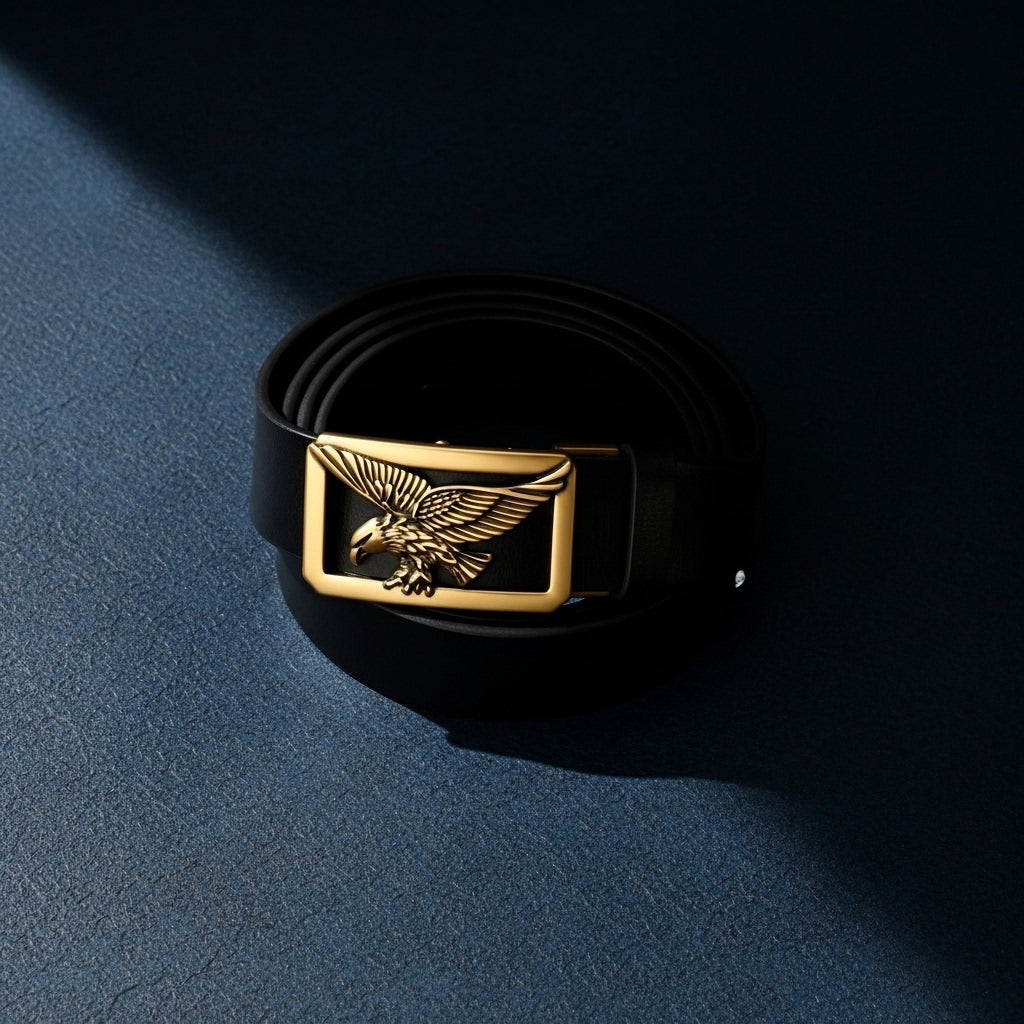 Ceinture Émeric pour homme en cuir noir avec boucle automatique rectangulaire dorée ornée d'un aigle en relief #fullwidth