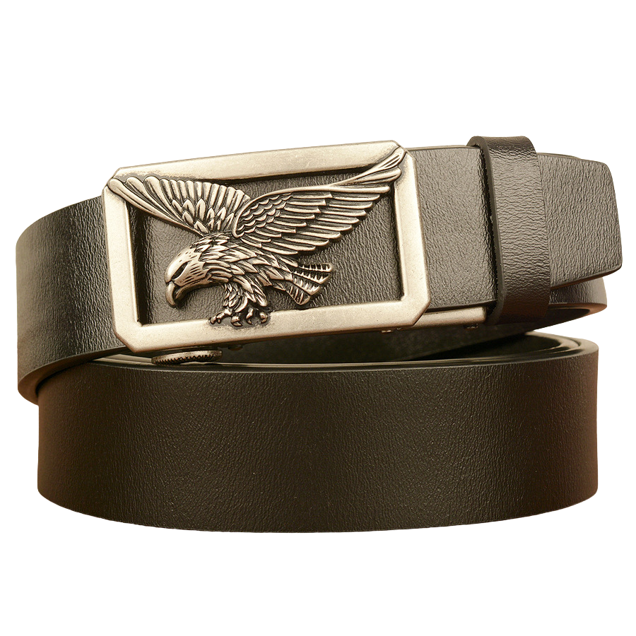 Ceinture homme Émeric en cuir noir avec boucle rectangulaire argentée ornée d'un aigle en relief, largeur 3,5 cm.