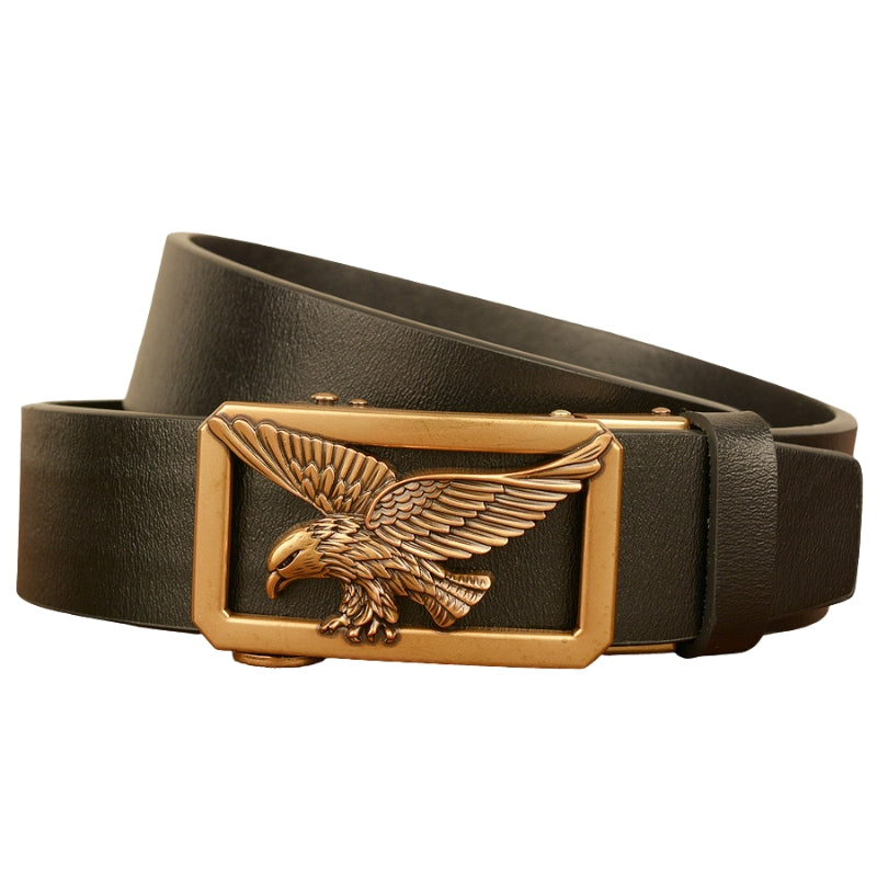 Ceinture homme Émeric en cuir noir avec boucle rectangulaire dorée ornée d'un aigle ajouré en relief, largeur 3,5 cm.