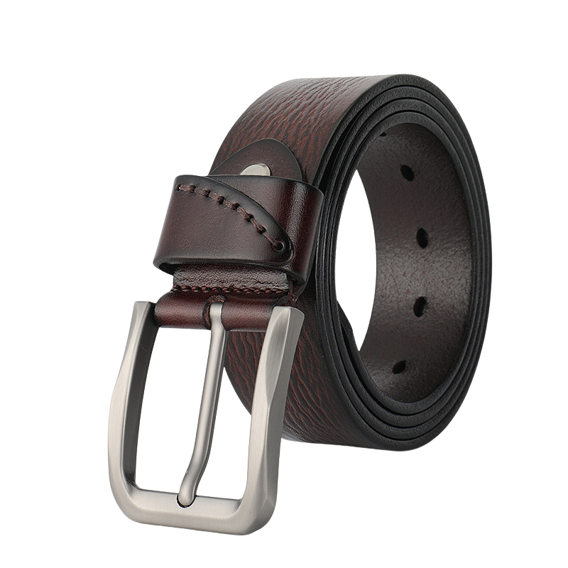 Ceinture homme Émile Bleu 1 en cuir de vachette marron foncé texturé, avec boucle ardillon argentée. #fullwidth