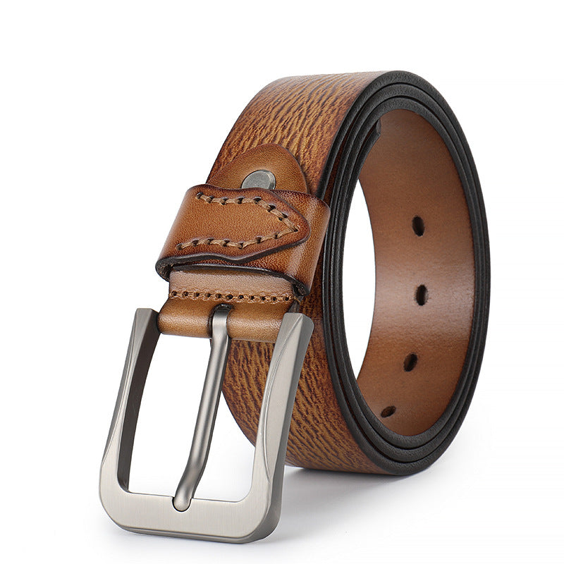 Ceinture en cuir de vachette marron clair texturé Émile Bleu 2 avec boucle ardillon rectangulaire argentée.