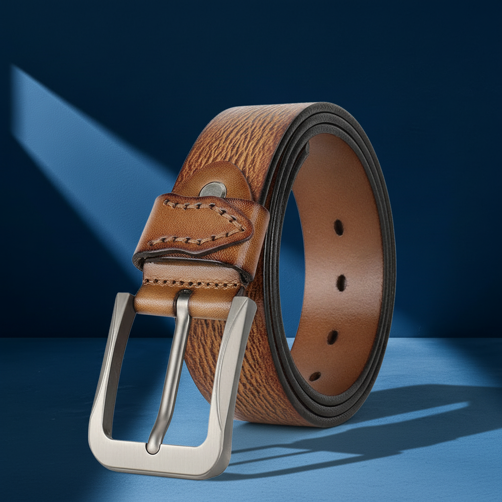 Ceinture Émile Bleu 2 en cuir de vachette marron texturé avec boucle ardillon rectangulaire argentée. #fullwidth