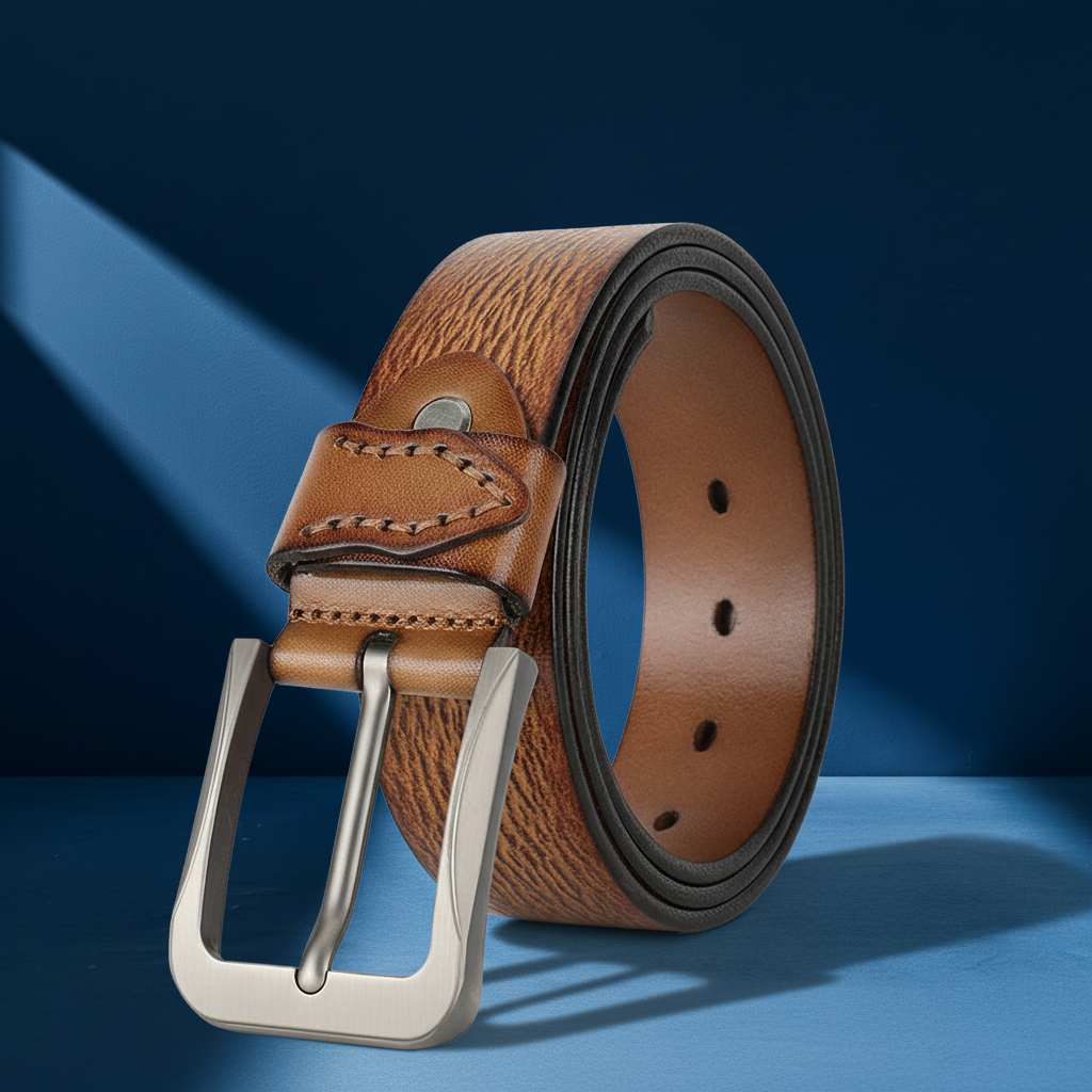 Ceinture en cuir de vachette marron avec boucle ardillon argentée et lanière texturée Émile Bleu 2 #fullwidth