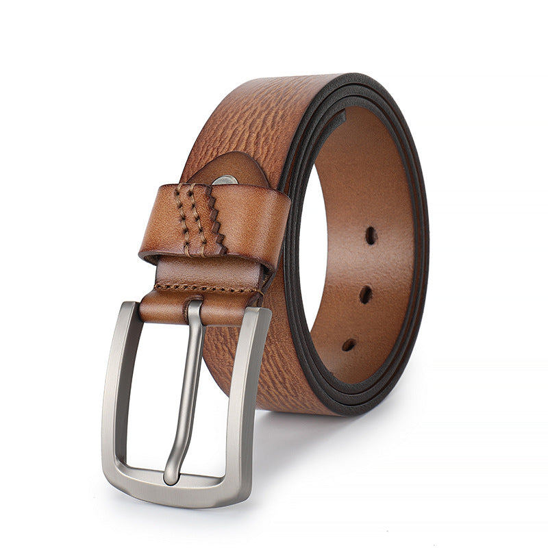 Ceinture homme Émile Bleu 3 en cuir de vachette pleine fleur marron avec boucle ardillon rectangulaire argentée et lanière texturée.