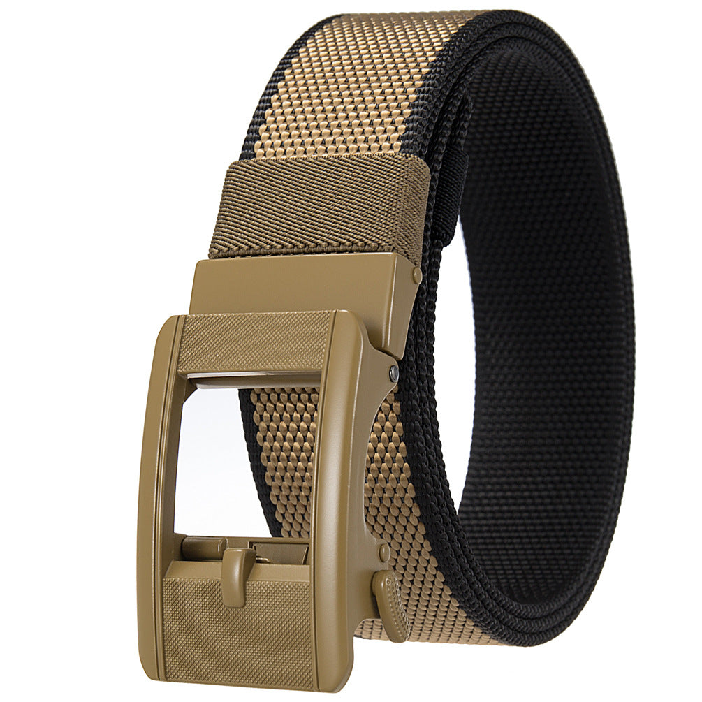 Ceinture homme Émile en tissu tressé réversible camel et noir avec boucle automatique en alliage. Largeur 3,8 cm.