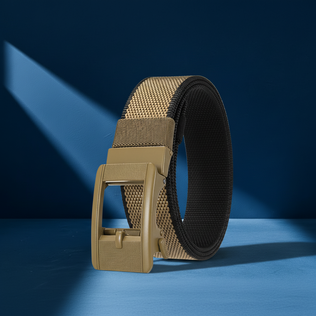 Ceinture tressée Émile pour homme, réversible, avec boucle automatique en alliage de couleur beige et noir, sur fond bleu. #fullwidth