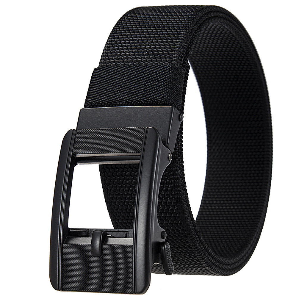 Ceinture homme Émile en tissu tressé noir avec boucle automatique rectangulaire en alliage noir, largeur 3,8 cm.