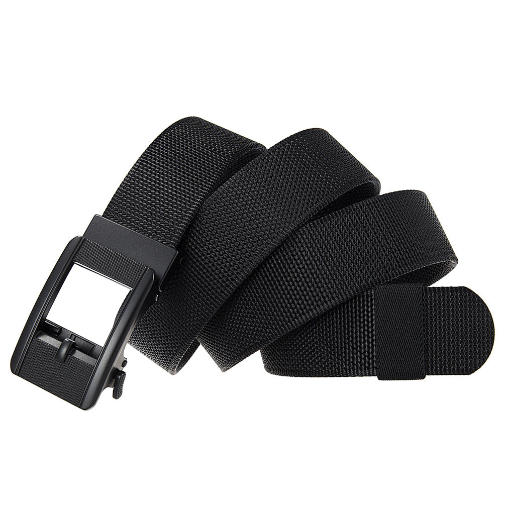 Ceinture homme Émile en tissu tressé noir avec boucle automatique rectangulaire en alliage, largeur 3,8 cm.