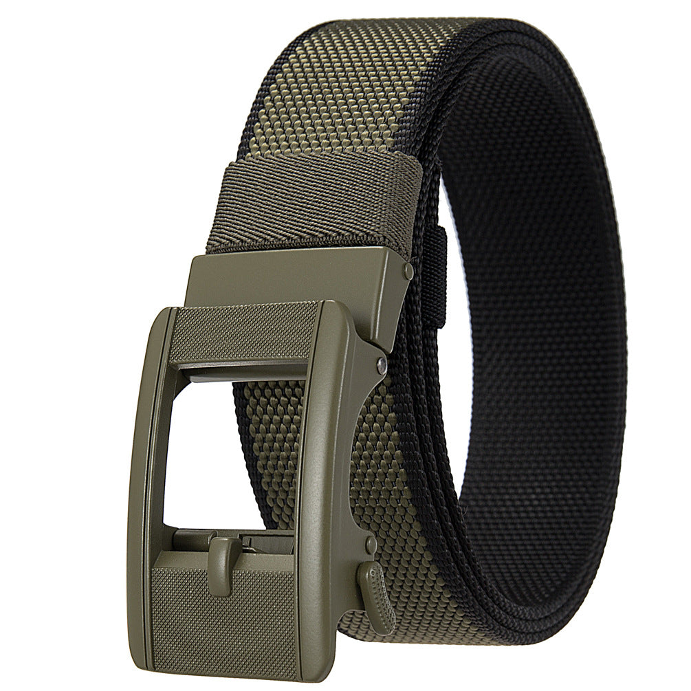Ceinture Émile en tissu tressé vert et noir avec boucle automatique rectangulaire en alliage.