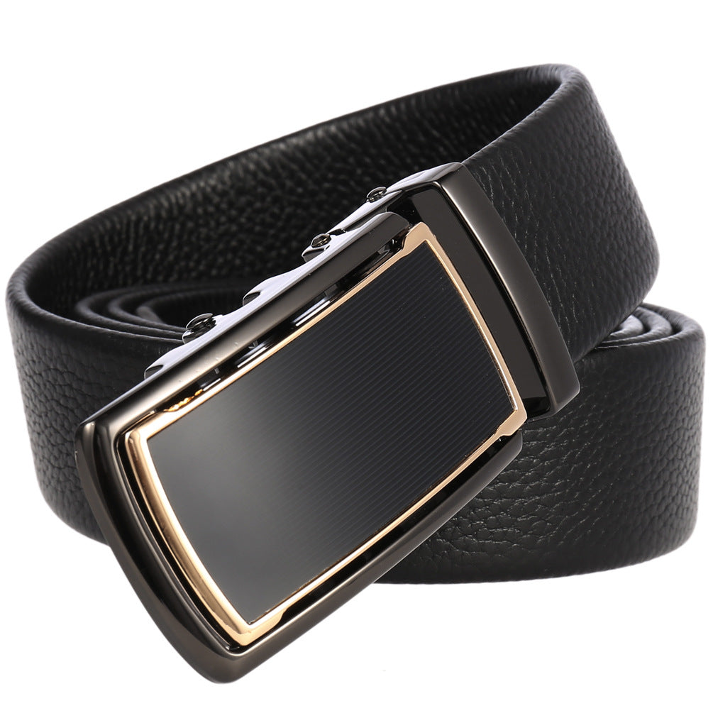 Ceinture Émile Or pour homme en cuir noir texturé avec une boucle rectangulaire automatique en alliage noir et doré