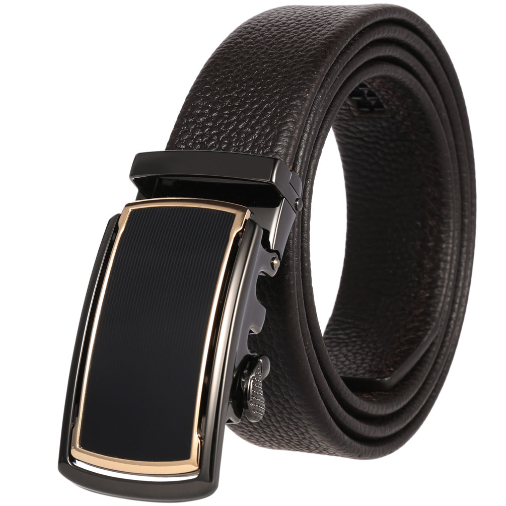 Ceinture pour homme Émile Or en cuir de vachette grainé couleur café avec boucle automatique rectangulaire noire et dorée