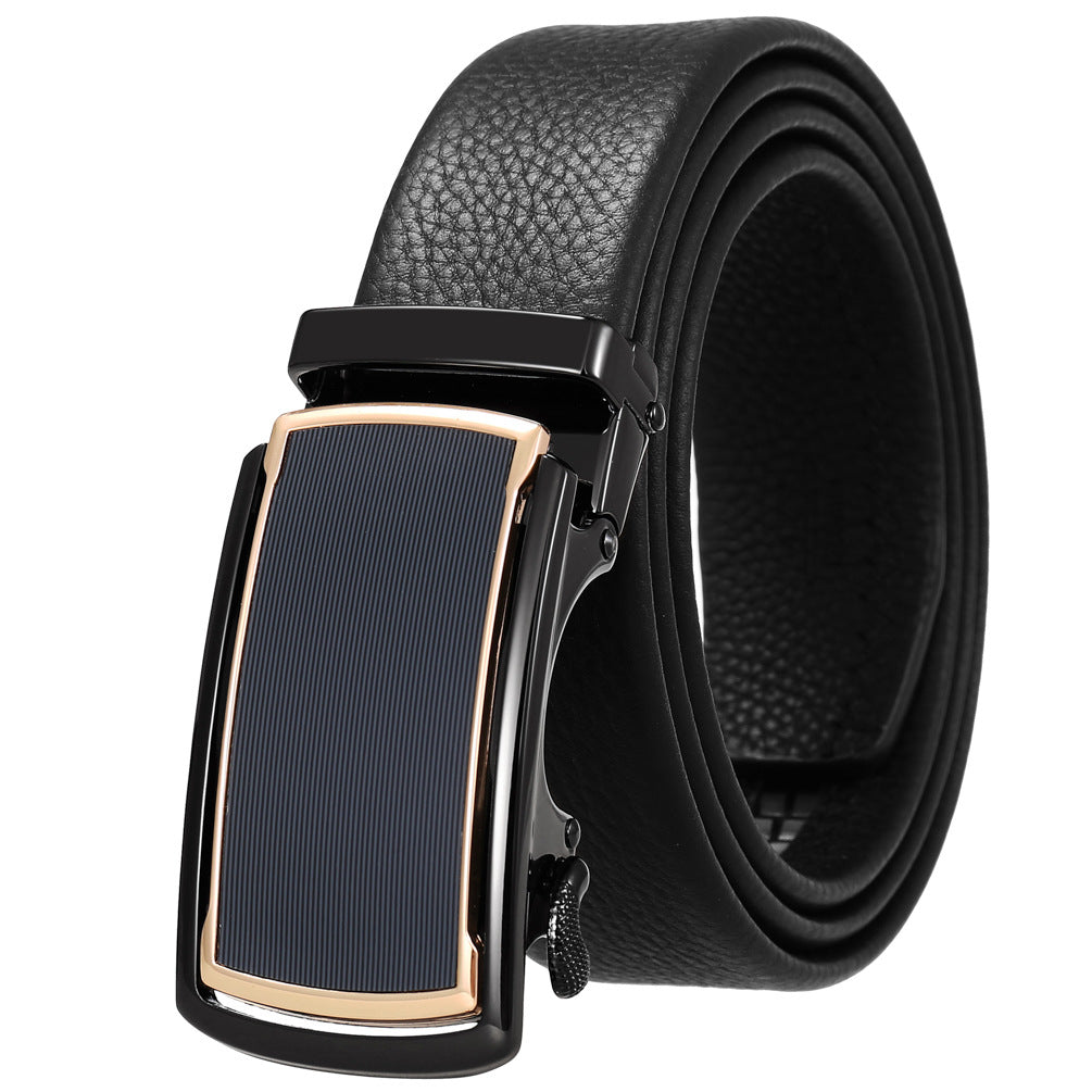 Ceinture Émile Or pour homme en cuir noir avec boucle rectangulaire automatique dorée et nervurée, système sans trou pour un ajustement parfait.