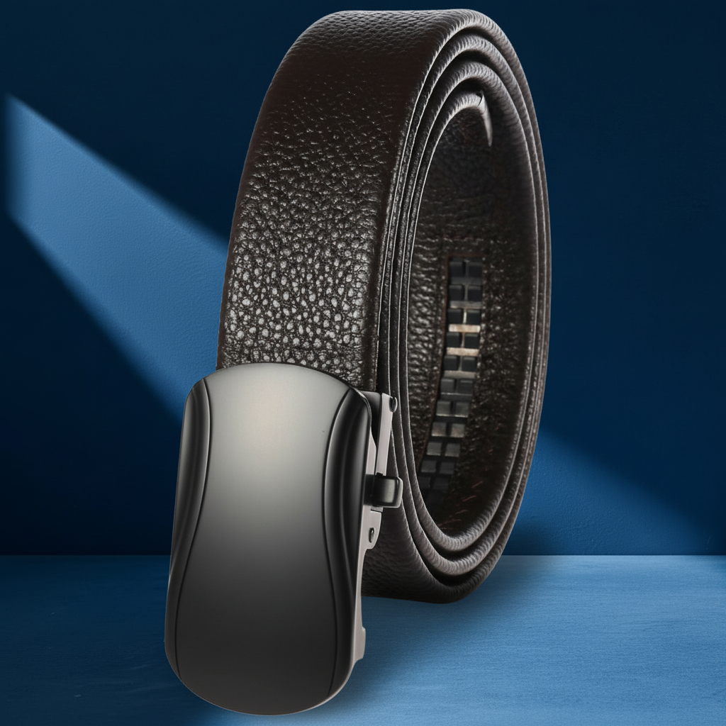 Ceinture homme Émilee en cuir refendu marron foncé avec boucle automatique noire mate minimaliste et texturée #fullwidth